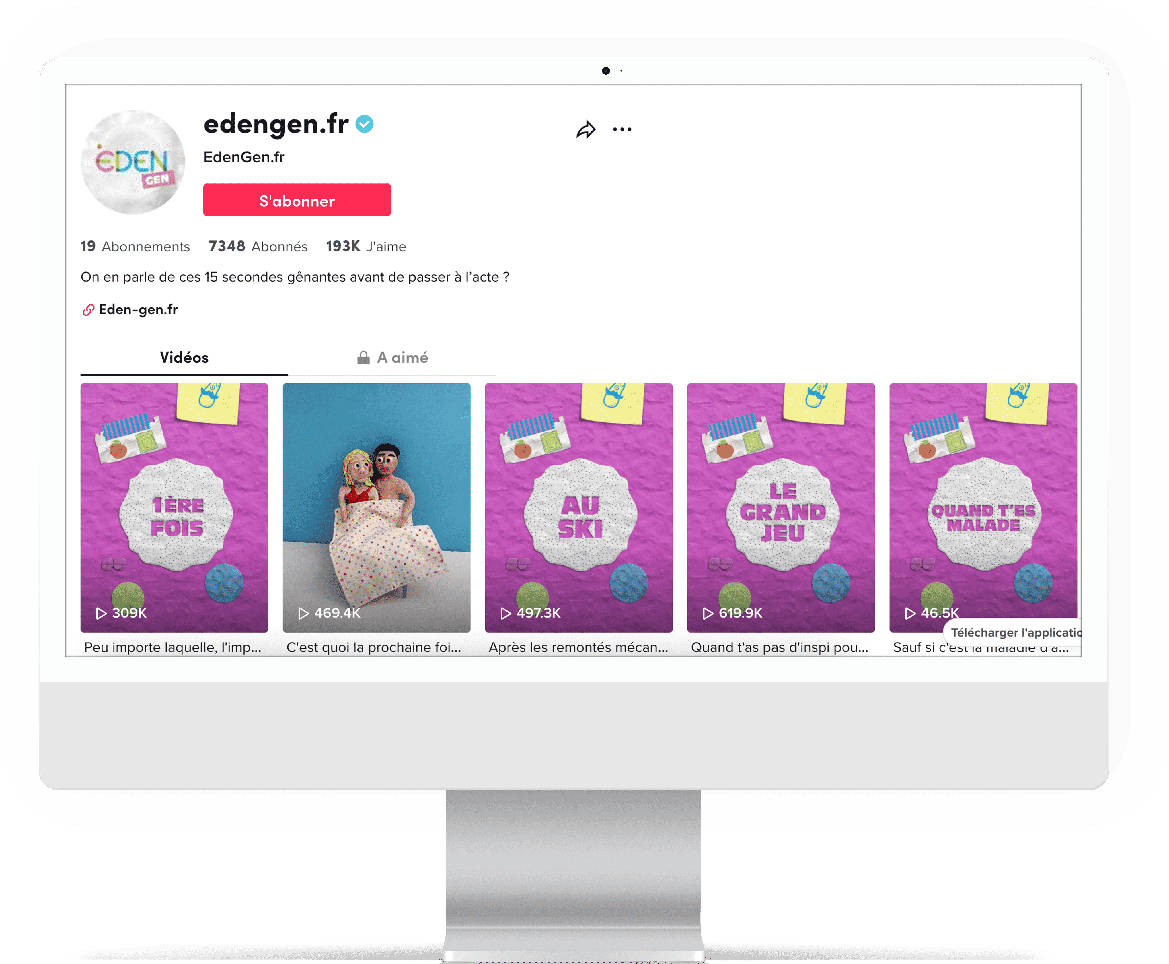 Ecran du tik tok de la marque avec les vidéos créées  